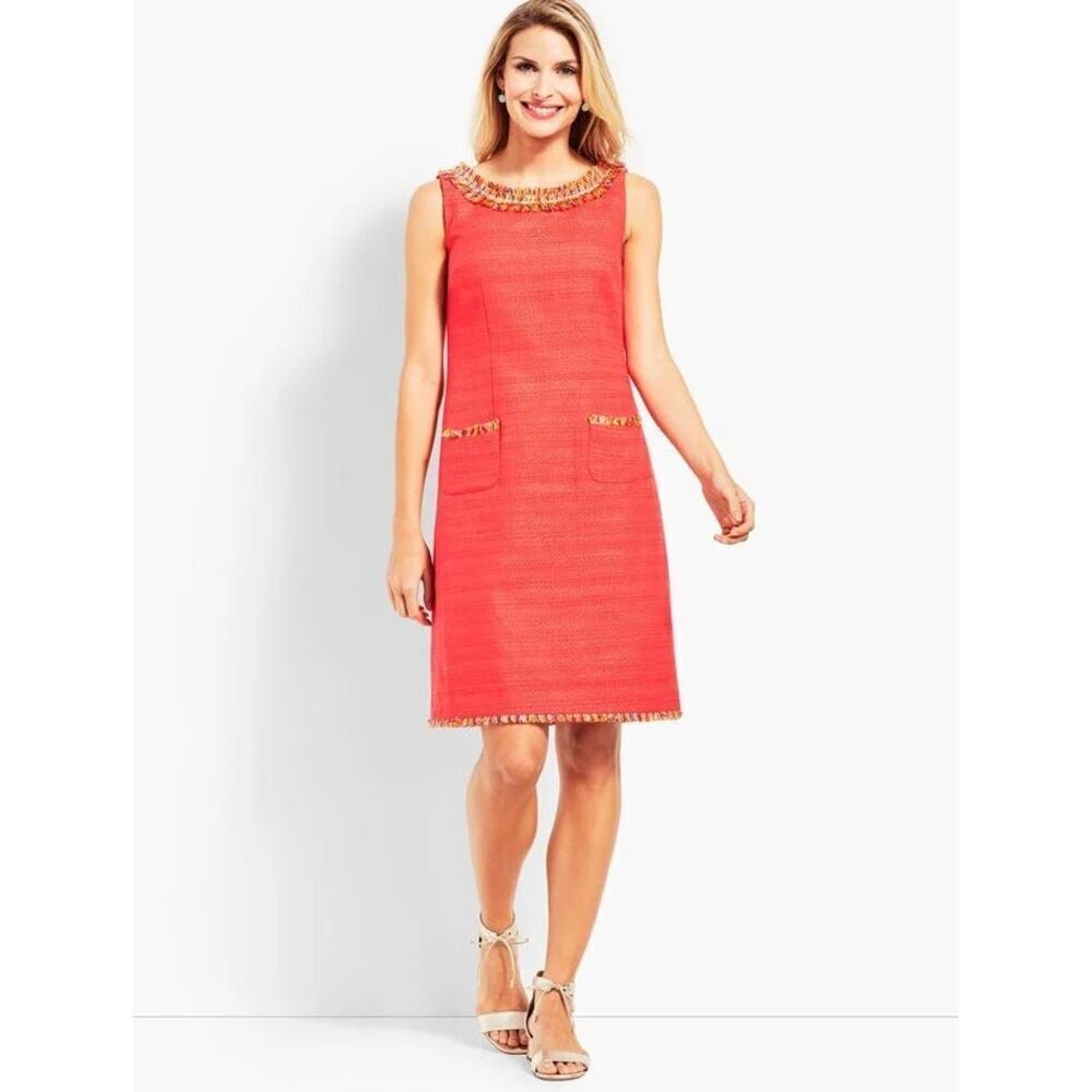 Talbots Textured Fringe-Neck Shift Dress tweed coral sz 6 new with tags $149
